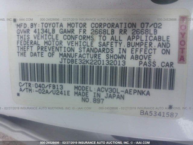 JTDBE32K220132013 - 2002 TOYOTA CAMRY LE/XLE/SE WHITE photo 9