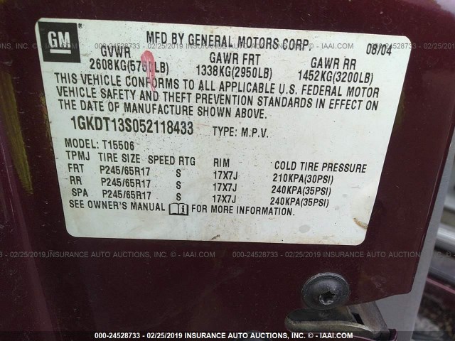 1GKDT13S052118433 - 2005 GMC ENVOY MAROON photo 9