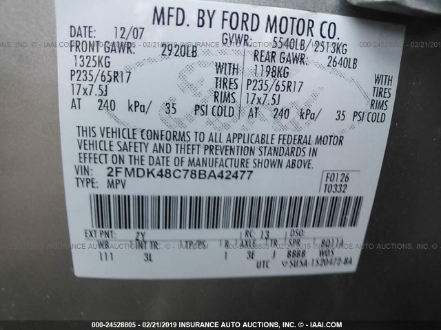 2FMDK48C78BA42477 - 2008 FORD EDGE SEL GREEN photo 9