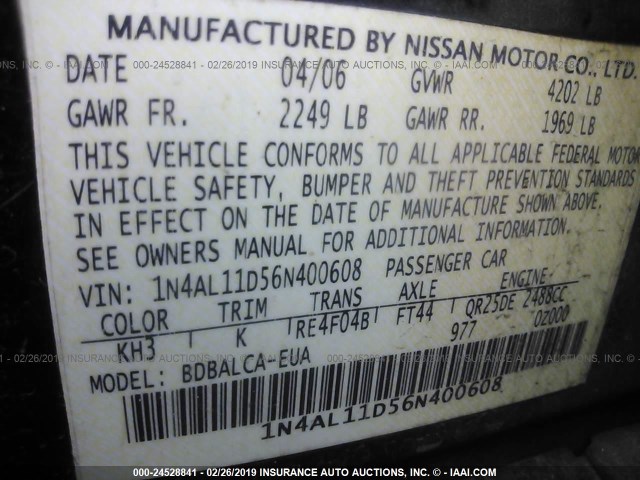 1N4AL11D56N400608 - 2006 NISSAN ALTIMA S/SL BLACK photo 9