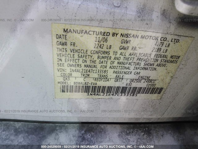 1N4AL21E47C133585 - 2007 NISSAN ALTIMA 2.5/2.5S WHITE photo 9