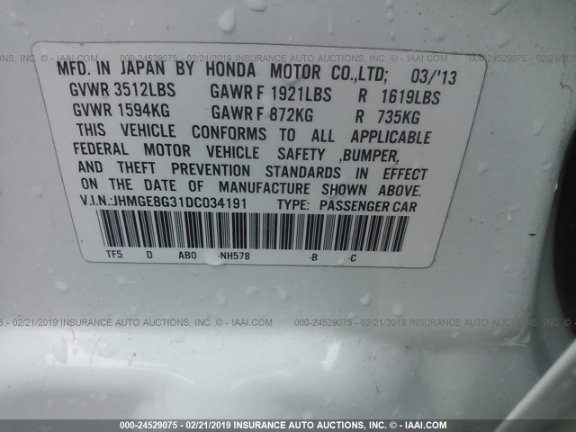 JHMGE8G31DC034191 - 2013 HONDA FIT WHITE photo 9