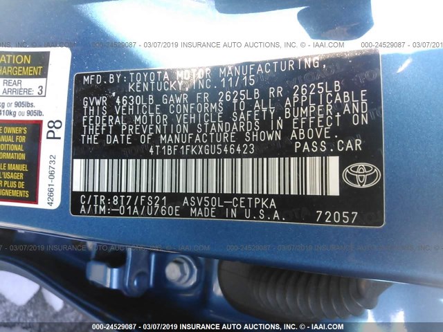 4T1BF1FKXGU546423 - 2016 TOYOTA CAMRY LE/XLE/SE/XSE BLUE photo 9
