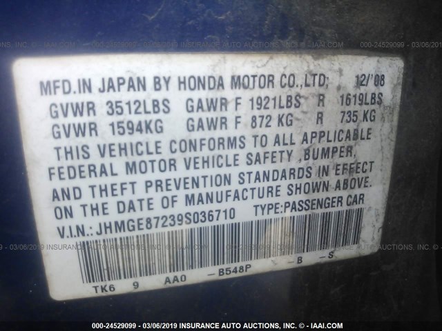 JHMGE87239S036710 - 2009 HONDA FIT BLUE photo 9