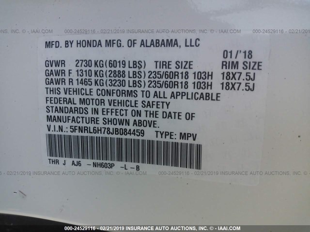 5FNRL6H78JB084459 - 2018 HONDA ODYSSEY EXL WHITE photo 9