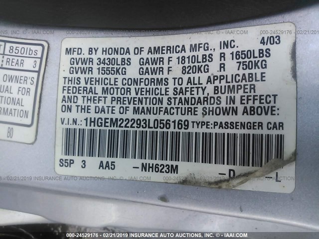 1HGEM22293L056169 - 2003 HONDA CIVIC DX SILVER photo 9