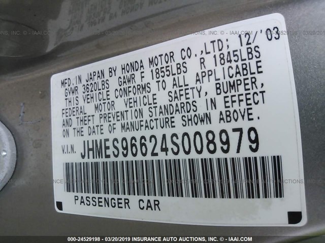 JHMES96624S008979 - 2004 HONDA CIVIC HYBRID GRAY photo 9