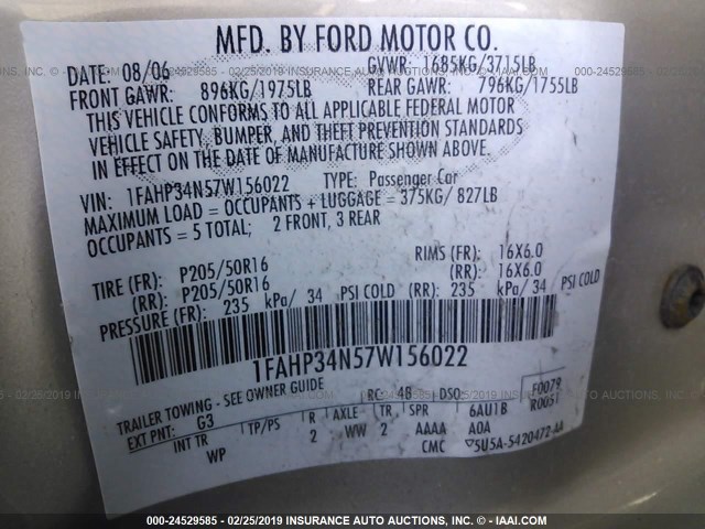 1FAHP34N57W156022 - 2007 FORD FOCUS ZX4/S/SE/SES 金色 照片 9