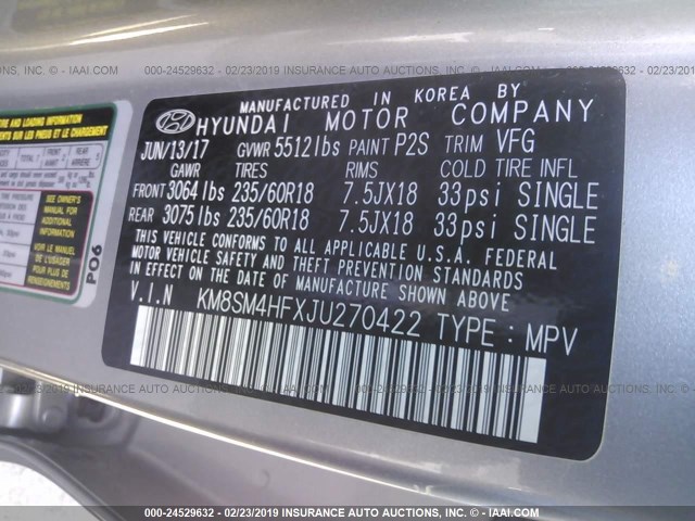 KM8SM4HFXJU270422 - 2018 HYUNDAI SANTA FE SE SILVER photo 9