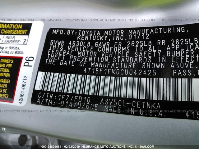 4T1BF1FK0CU042425 - 2012 TOYOTA CAMRY SE/LE/XLE SILVER photo 9