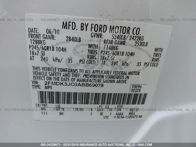 2FMDK3JC0ABB69078 - 2010 FORD EDGE SEL WHITE photo 9