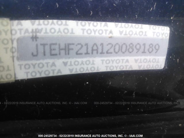 JTEHF21A120089189 - 2002 TOYOTA HIGHLANDER LIMITED BLUE photo 9