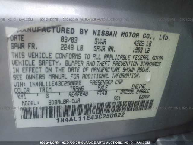 1N4AL11E43C250622 - 2003 NISSAN ALTIMA S/SL GRAY photo 9