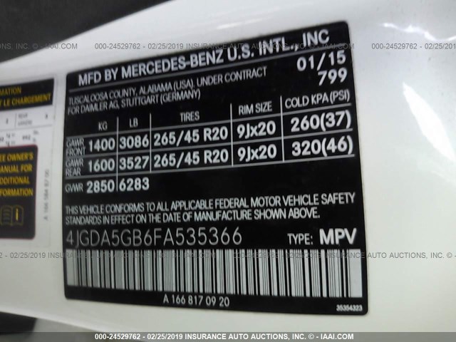 4JGDA5GB6FA535366 - 2015 MERCEDES-BENZ ML 400 4MATIC WHITE photo 9