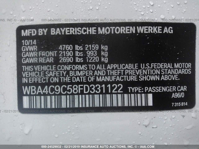 WBA4C9C58FD331122 - 2015 BMW 428 XI/GRAN COUPE/SULEV WHITE photo 9