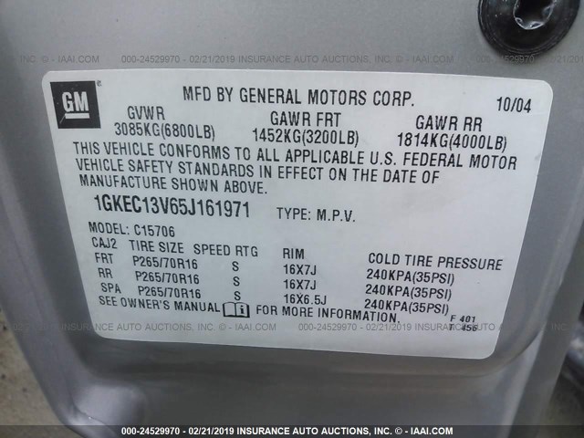 1GKEC13V65J161971 - 2005 GMC YUKON SILVER photo 9