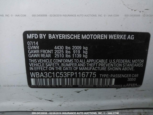WBA3C1C53FP116775 - 2015 BMW 328 I SULEV WHITE photo 9