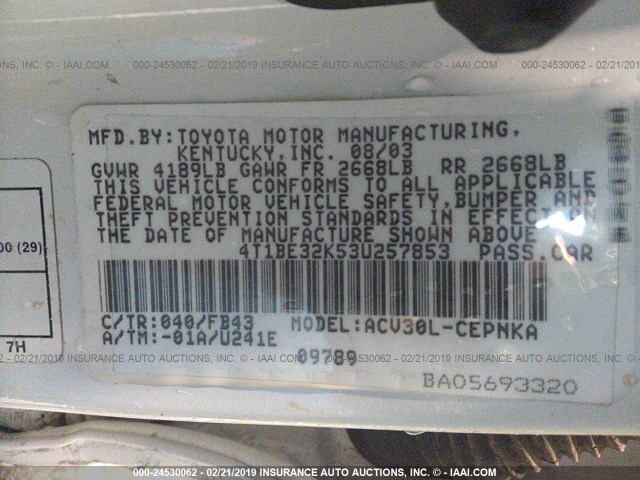 4T1BE32K53U257853 - 2003 TOYOTA CAMRY LE/XLE/SE WHITE photo 9