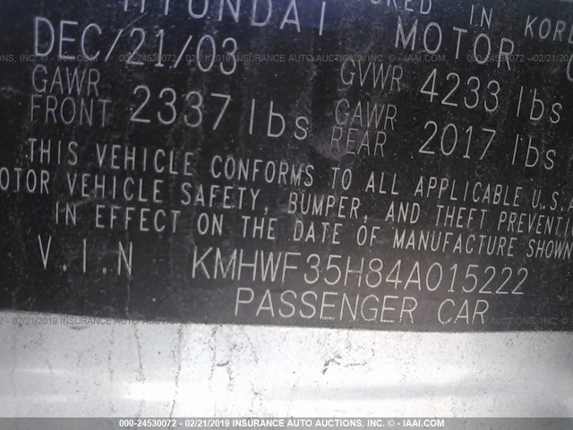 KMHWF35H84A015222 - 2004 HYUNDAI SONATA GLS/LX SILVER photo 9