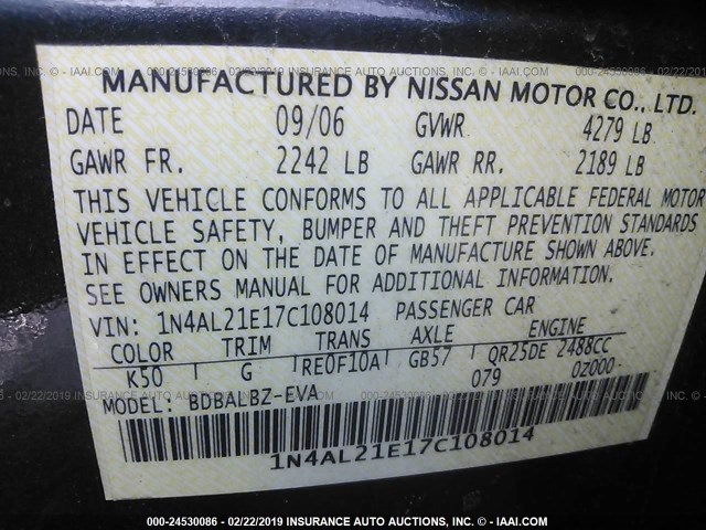 1N4AL21E17C108014 - 2007 NISSAN ALTIMA 2.5/2.5S GRAY photo 9