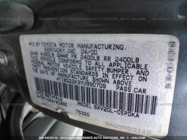 4T1BG22K9YU990709 - 2000 TOYOTA CAMRY CE/LE/XLE 黑色 照片 9