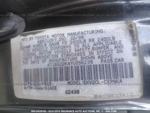 4T1BG22K4YU956239 - 2000 TOYOTA CAMRY CE/LE/XLE GRAY photo 9