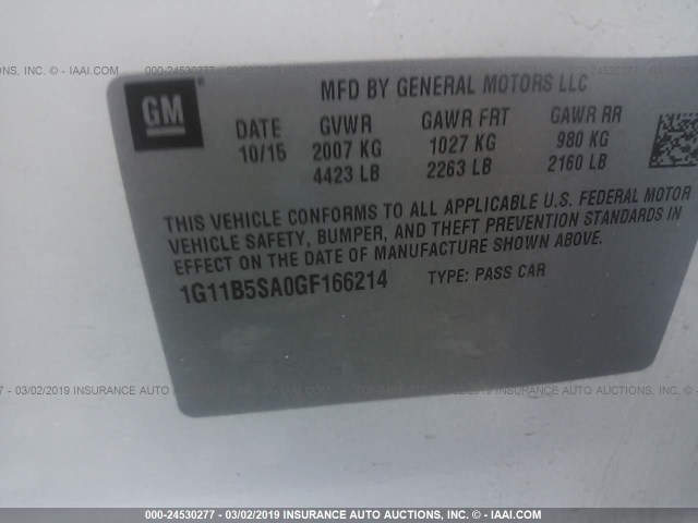 1G11B5SA0GF166214 - 2016 CHEVROLET MALIBU LIMITED LS WHITE photo 9