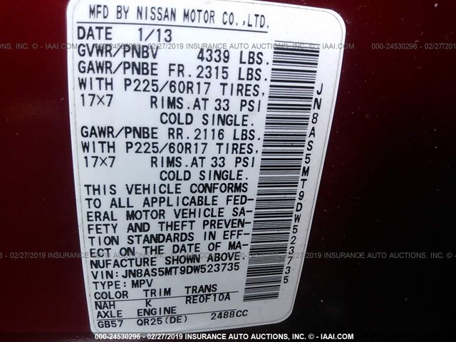 JN8AS5MT9DW523735 - 2013 NISSAN ROGUE S/SV RED photo 9