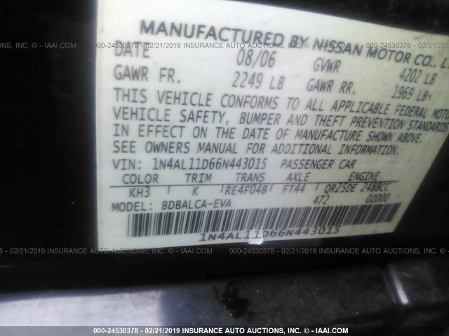 1N4AL11D66N443015 - 2006 NISSAN ALTIMA S/SL BLACK photo 9