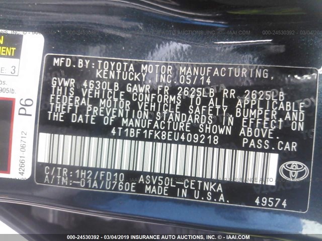 4T1BF1FK8EU409218 - 2014 TOYOTA CAMRY L/SE/LE/XLE 蓝色 照片 9