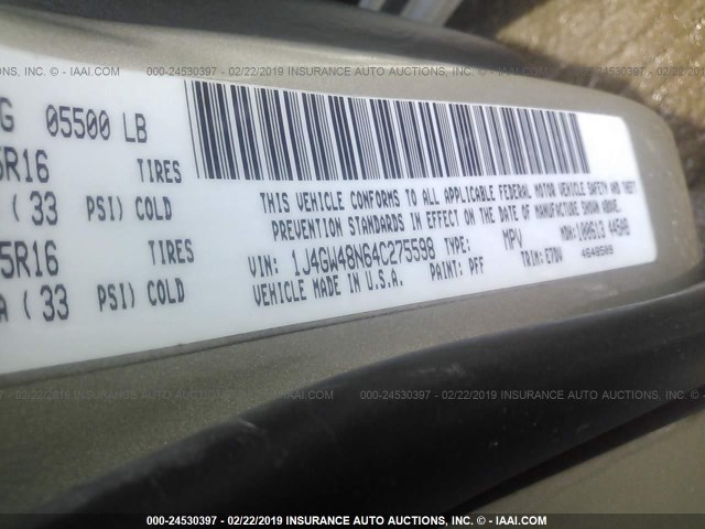 1J4GW48N64C275598 - 2004 JEEP GRAND CHEROKEE LAREDO/COLUMBIA/FREEDOM 米色 照片 9