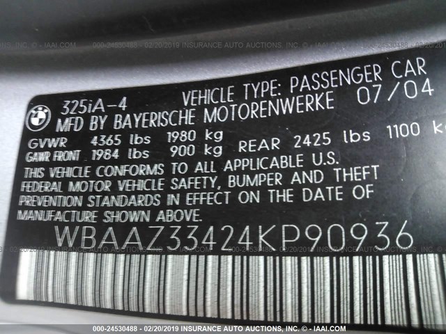 WBAAZ33424KP90936 - 2004 BMW 325 IS SULEV SILVER photo 9