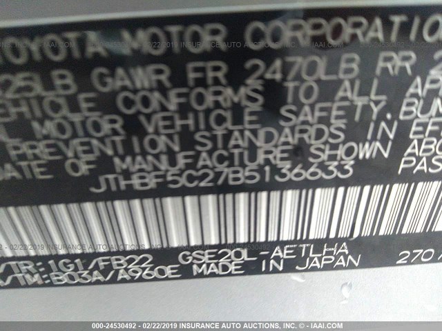 JTHBF5C27B5136633 - 2011 LEXUS IS 250 SILVER photo 9