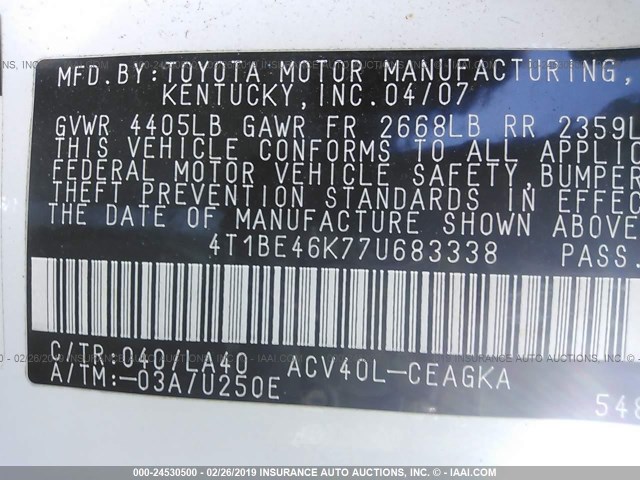 4T1BE46K77U683338 - 2007 TOYOTA CAMRY NEW GENERAT CE/LE/XLE/SE WHITE photo 9