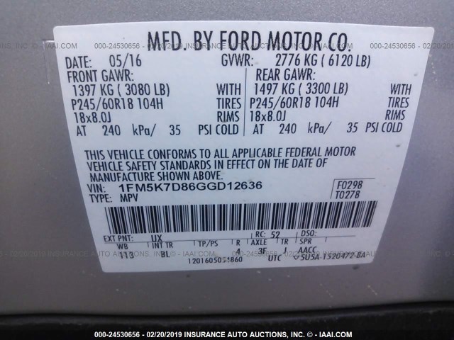 1FM5K7D86GGD12636 - 2016 FORD EXPLORER XLT SILVER photo 9