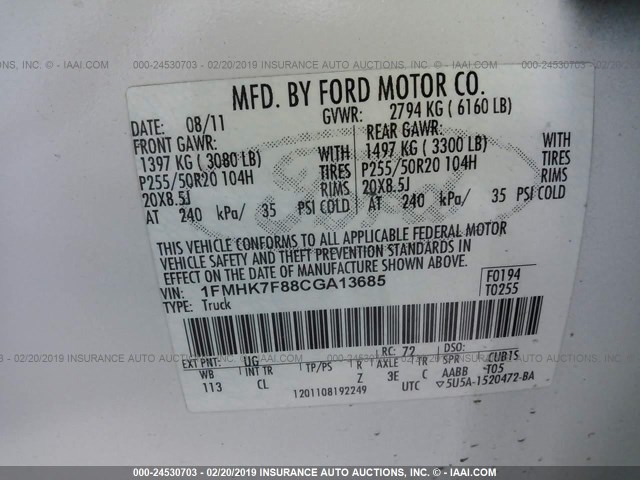 1FMHK7F88CGA13685 - 2012 FORD EXPLORER LIMITED WHITE photo 9