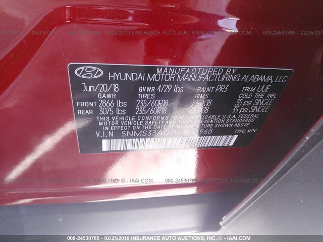 5NMS33AD2KH006968 - 2019 HYUNDAI SANTA FE RED photo 9