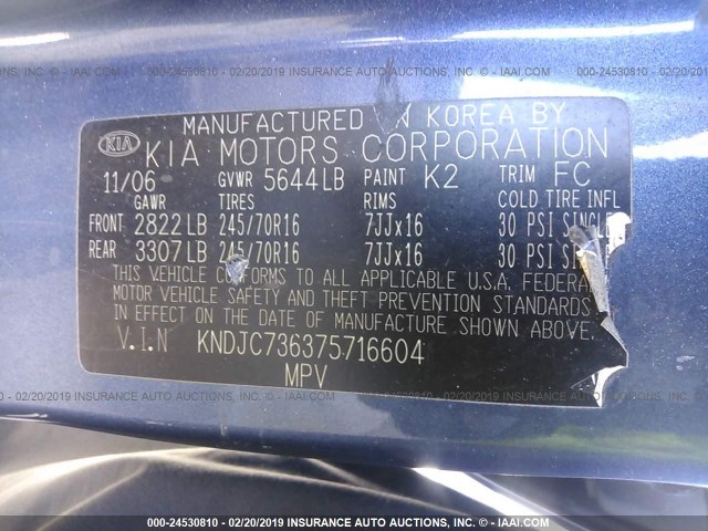 KNDJC736375716604 - 2007 KIA SORENTO EX/LX BLUE photo 9