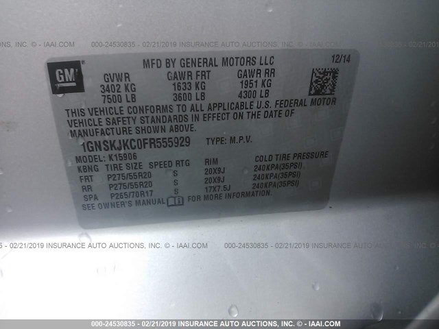 1GNSKJKC0FR555929 - 2015 CHEVROLET SUBURBAN K1500 LT SILVER photo 9