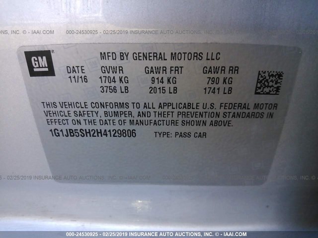 1G1JB5SH2H4129806 - 2017 CHEVROLET SONIC LS 银色 照片 9