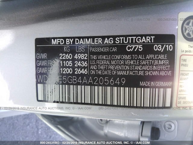 WDDHF5GB4AA205649 - 2010 MERCEDES-BENZ E 350 SILVER photo 9