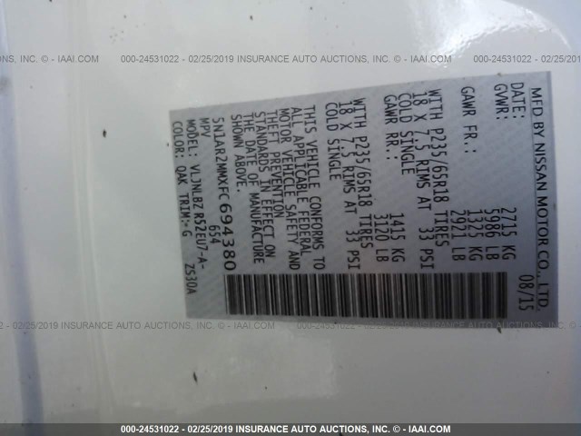 5N1AR2MMXFC694380 - 2015 NISSAN PATHFINDER S/SV/SL/PLATINUM WHITE photo 9