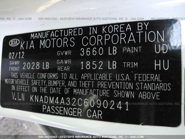 KNADM4A32C6090241 - 2012 KIA RIO LX WHITE photo 9