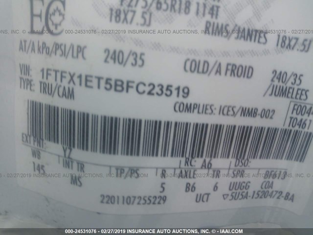 1FTFX1ET5BFC23519 - 2011 FORD F150 SUPER CAB WHITE photo 9