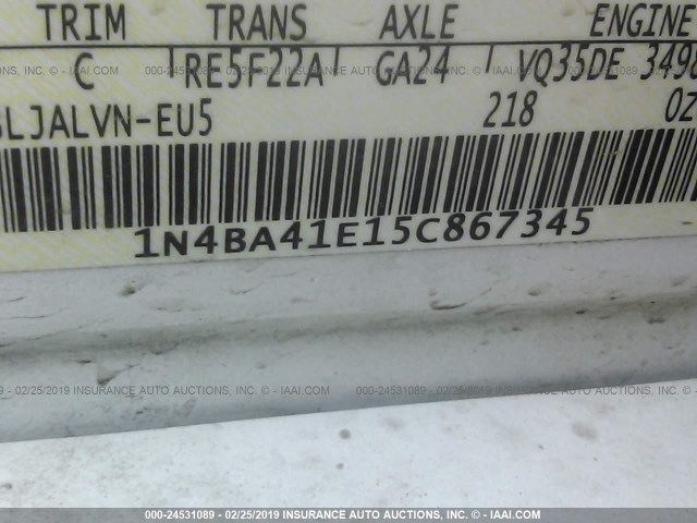 1N4BA41E15C867345 - 2005 NISSAN MAXIMA SE/SL WHITE photo 9