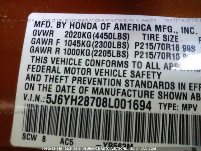 5J6YH28708L001694 - 2008 HONDA ELEMENT EX ORANGE photo 9