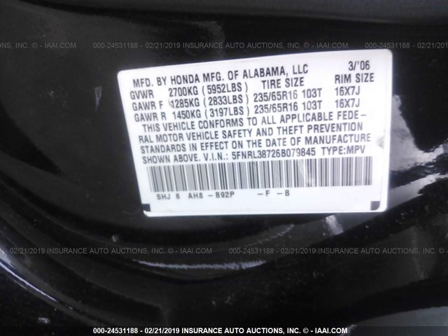 5FNRL38726B079845 - 2006 HONDA ODYSSEY EXL BLACK photo 9