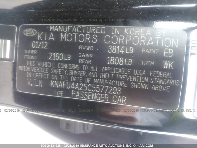 KNAFU4A25C5577293 - 2012 KIA FORTE EX BLACK photo 9