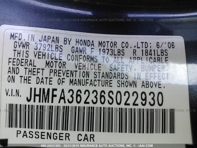 JHMFA36236S022930 - 2006 HONDA CIVIC HYBRID BLUE photo 9