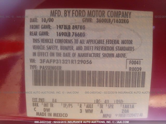 3FAFP31321R129056 - 2001 FORD FOCUS ZX3 RED photo 9